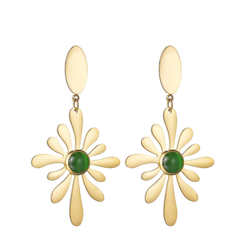 Vintage Fashion Green Stone Flower Tassel Earrings For Women